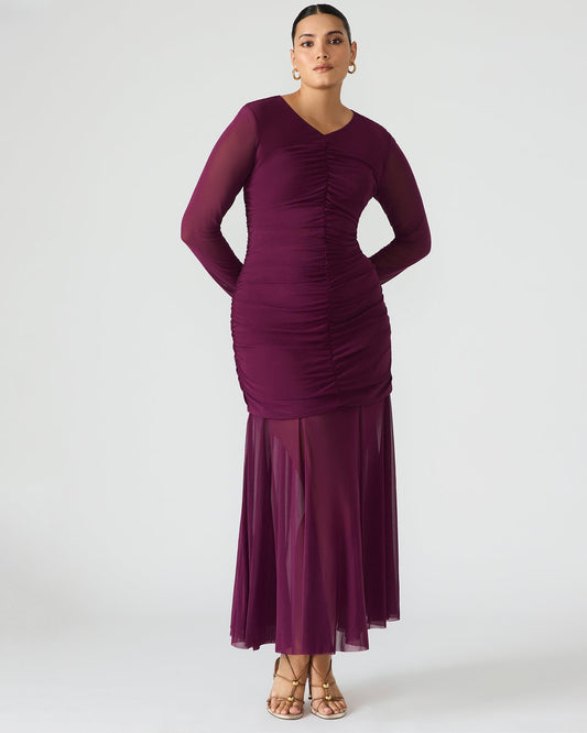 KIARA Beet Long-Sleeved Maxi Mesh Flowy Women's Dress - Steve Madden