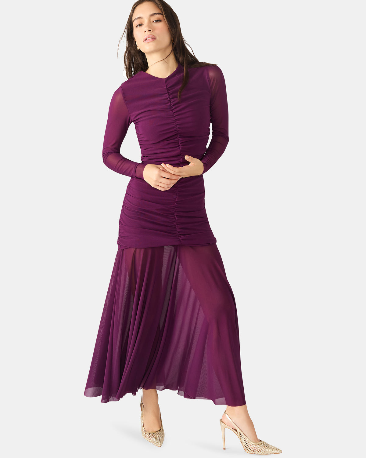 KIARA Beet Long-Sleeved Maxi Mesh Flowy Women's Dress - Steve Madden