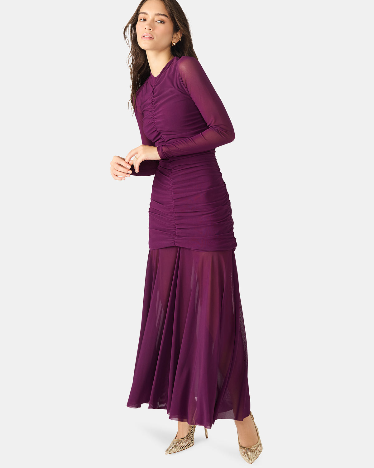 KIARA Beet Long-Sleeved Maxi Mesh Flowy Women's Dress - Steve Madden