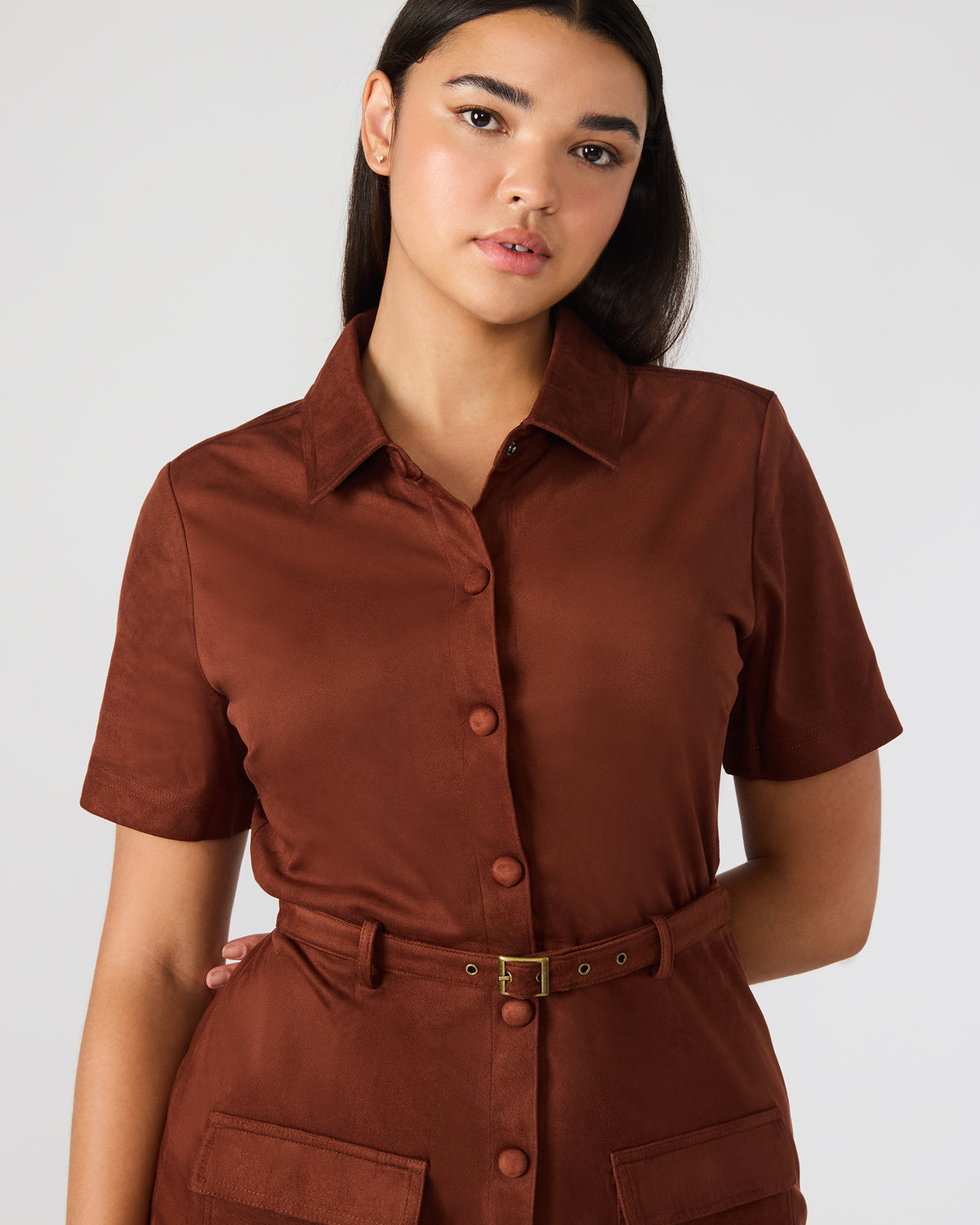 JOLIANA Dark Fig Short-Sleeved Mini Button-Up Women's Dress - Steve Madden