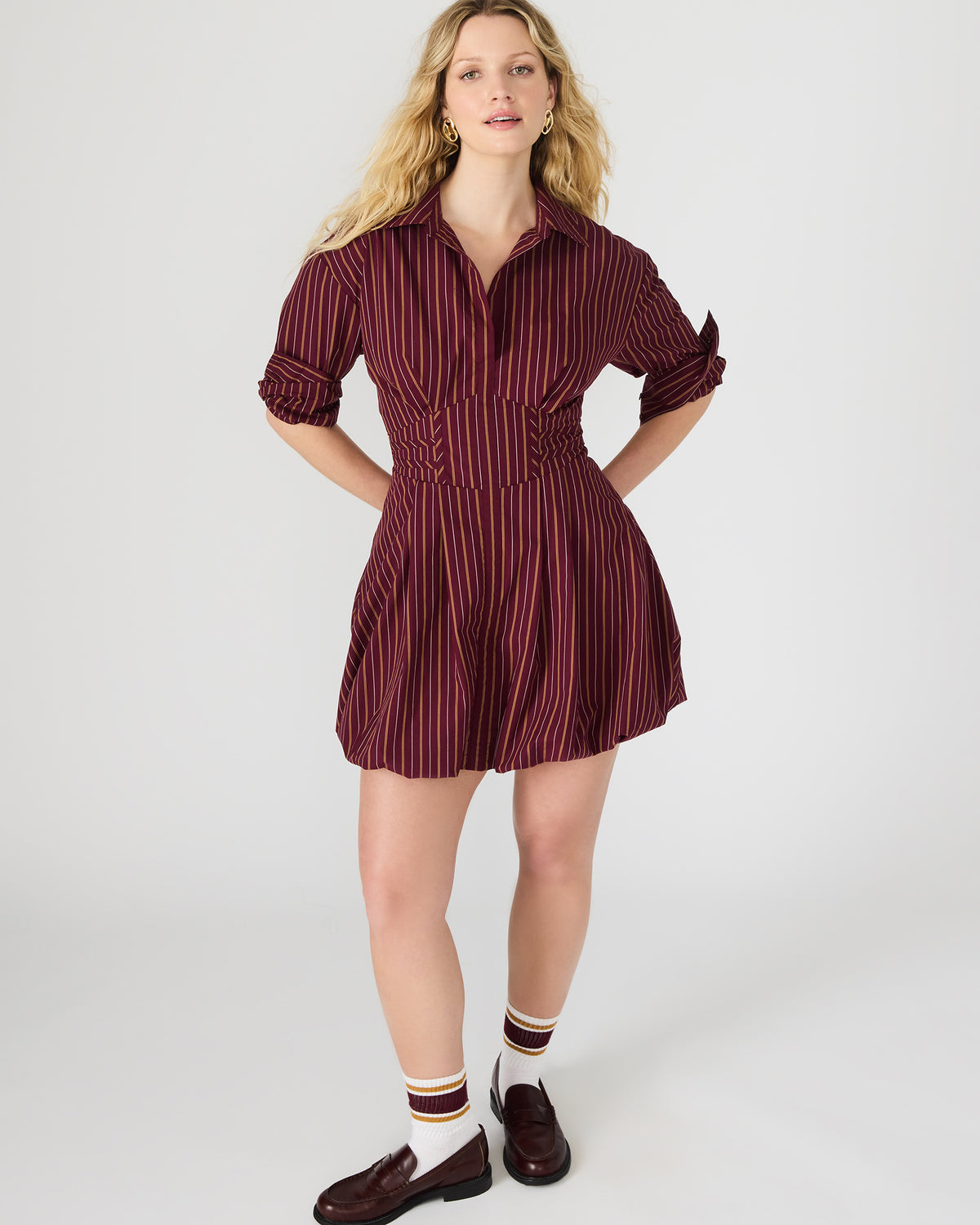 ARIELLE Wine Long-Sleeved Button-Up Bubble Women's Dress - Steve Madden