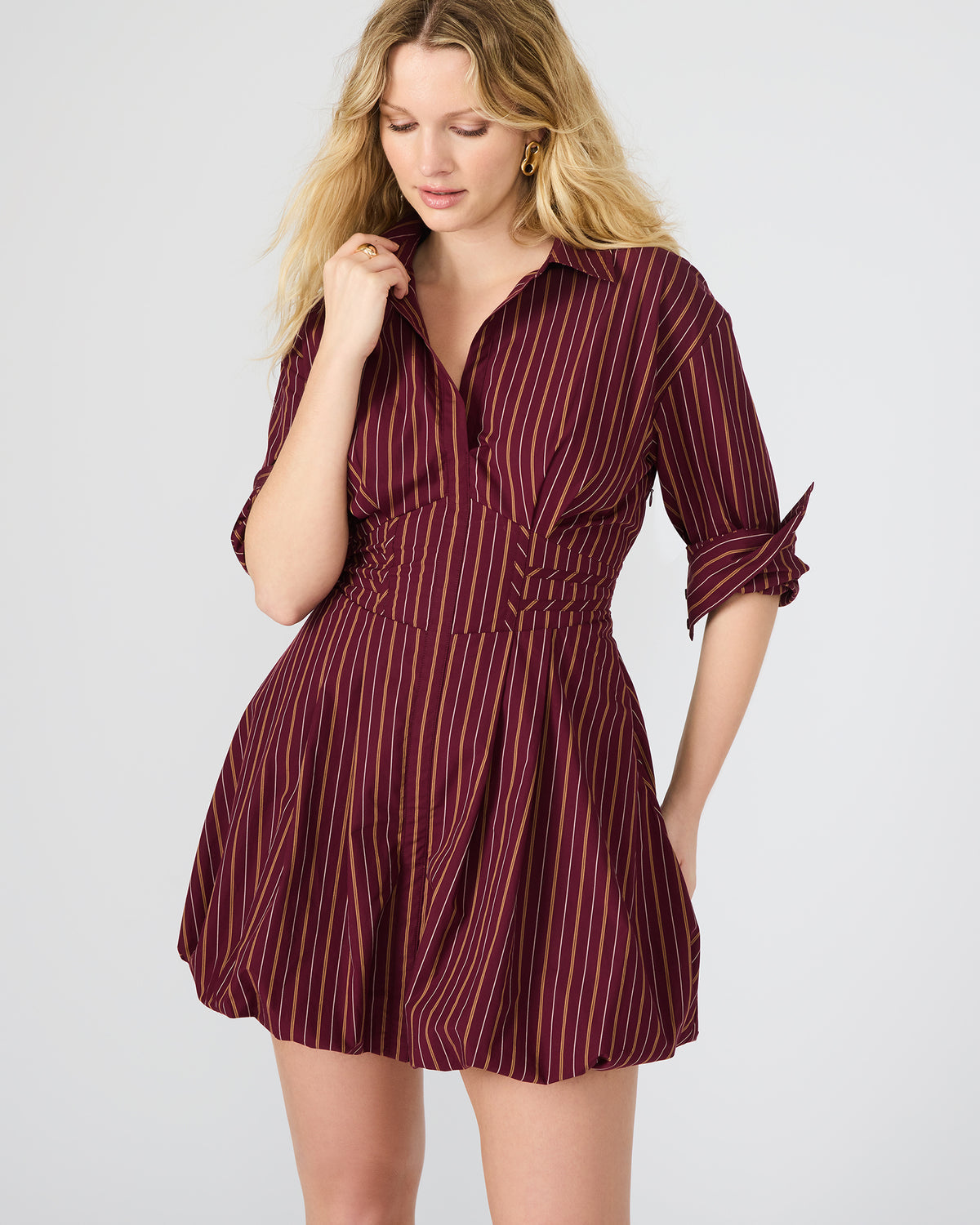 ARIELLE Wine Long-Sleeved Button-Up Bubble Women's Dress - Steve Madden