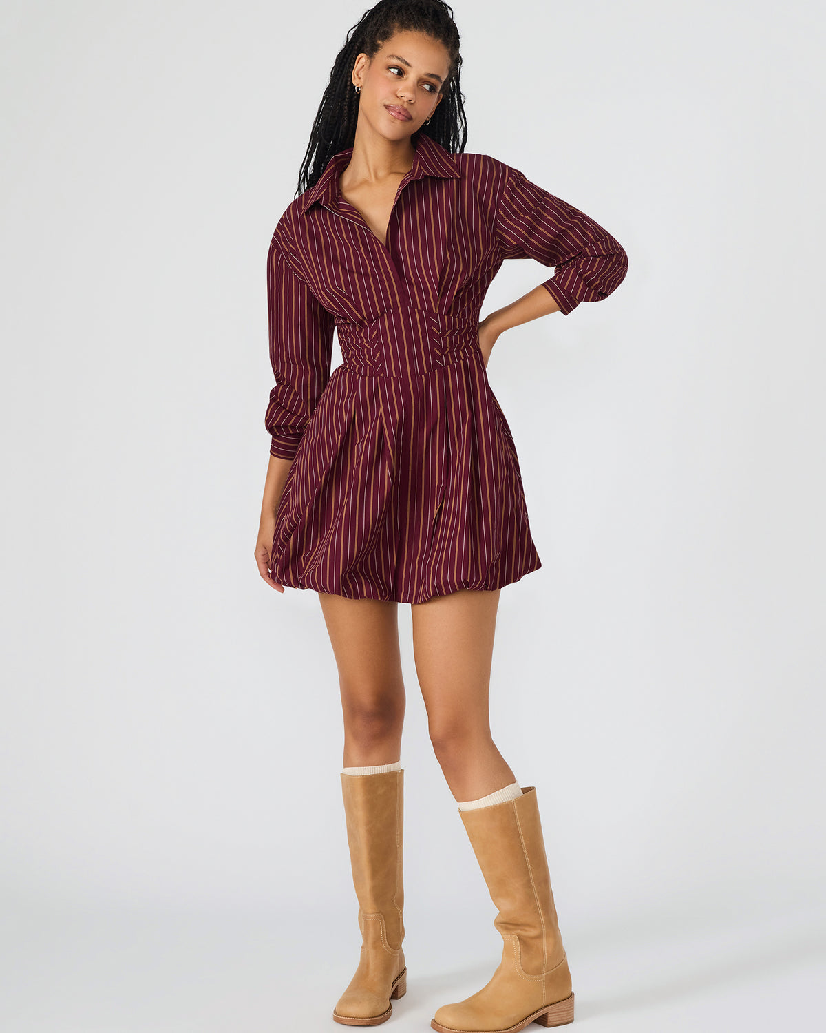 ARIELLE Wine Long-Sleeved Button-Up Bubble Women's Dress - Steve Madden