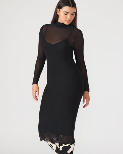 HAILEE Black Long-Sleeved Mesh Pull-On Mock Neck Midi Women's Dress - Steve Madden