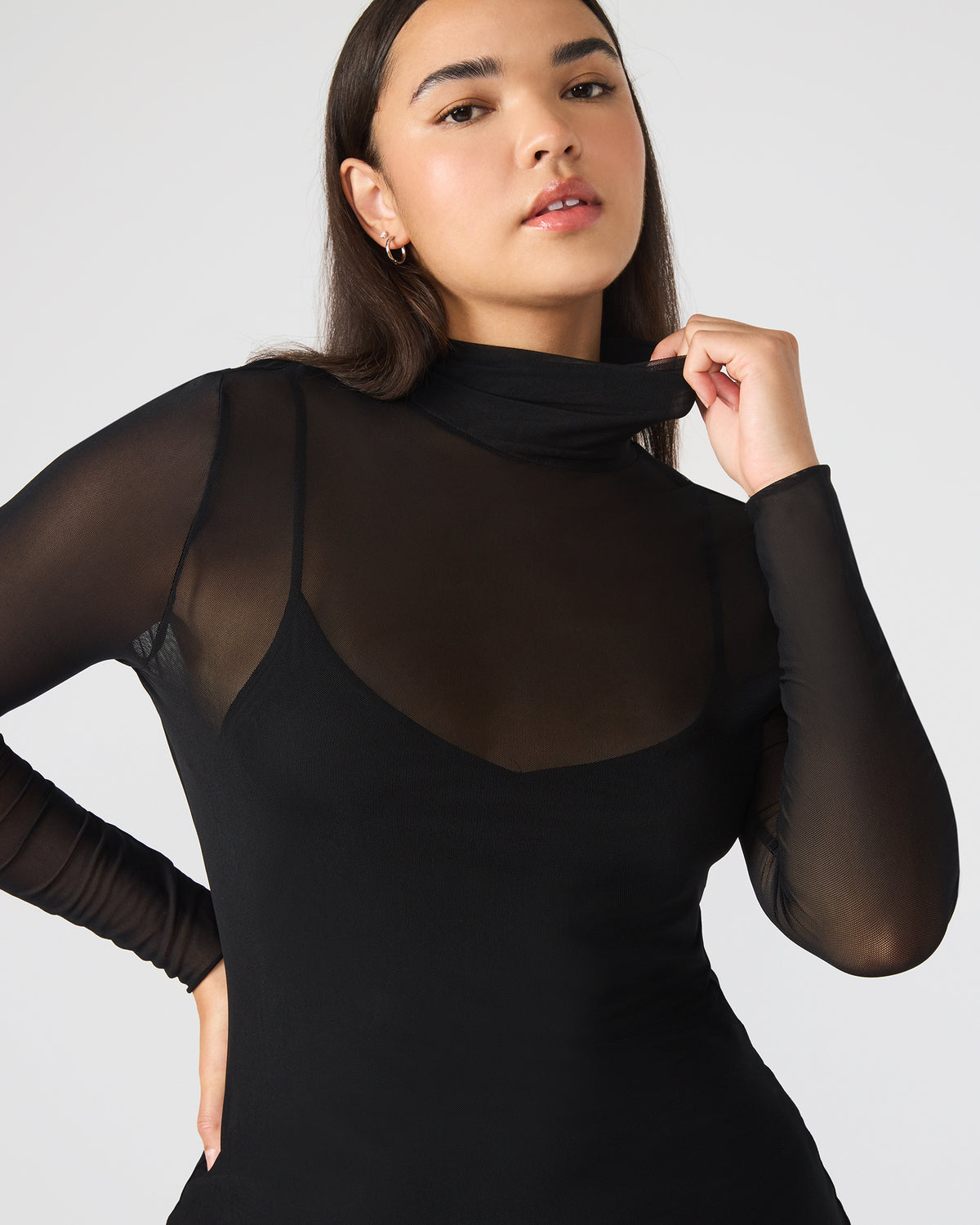 HAILEE Black Long-Sleeved Mesh Pull-On Mock Neck Midi Women's Dress - Steve Madden