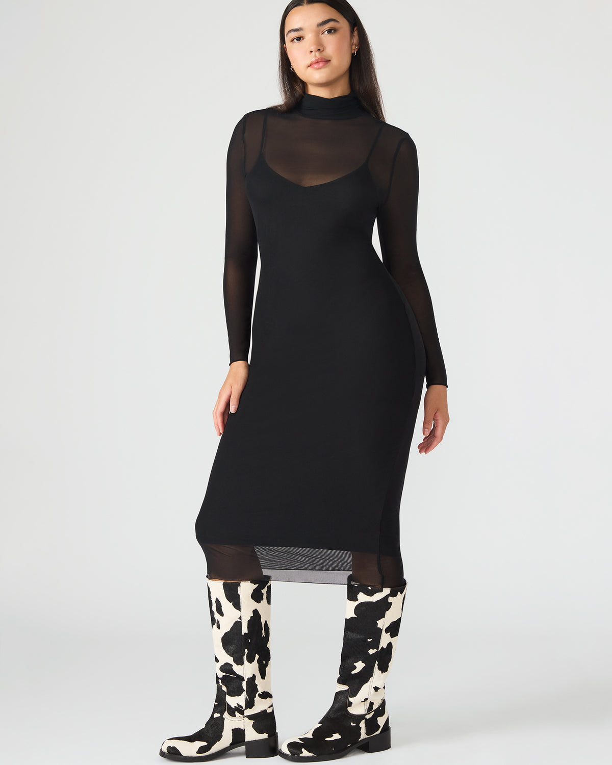 HAILEE Black Long-Sleeved Mesh Pull-On Mock Neck Midi Women's Dress - Steve Madden