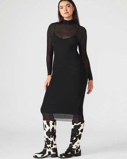 HAILEE Black Long-Sleeved Mesh Pull-On Mock Neck Midi Women's Dress - Steve Madden