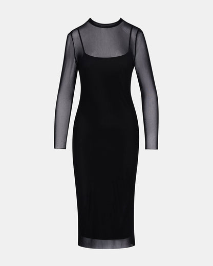 HAILEE Black Long-Sleeved Mesh Pull-On Mock Neck Midi Women's Dress - Steve Madden