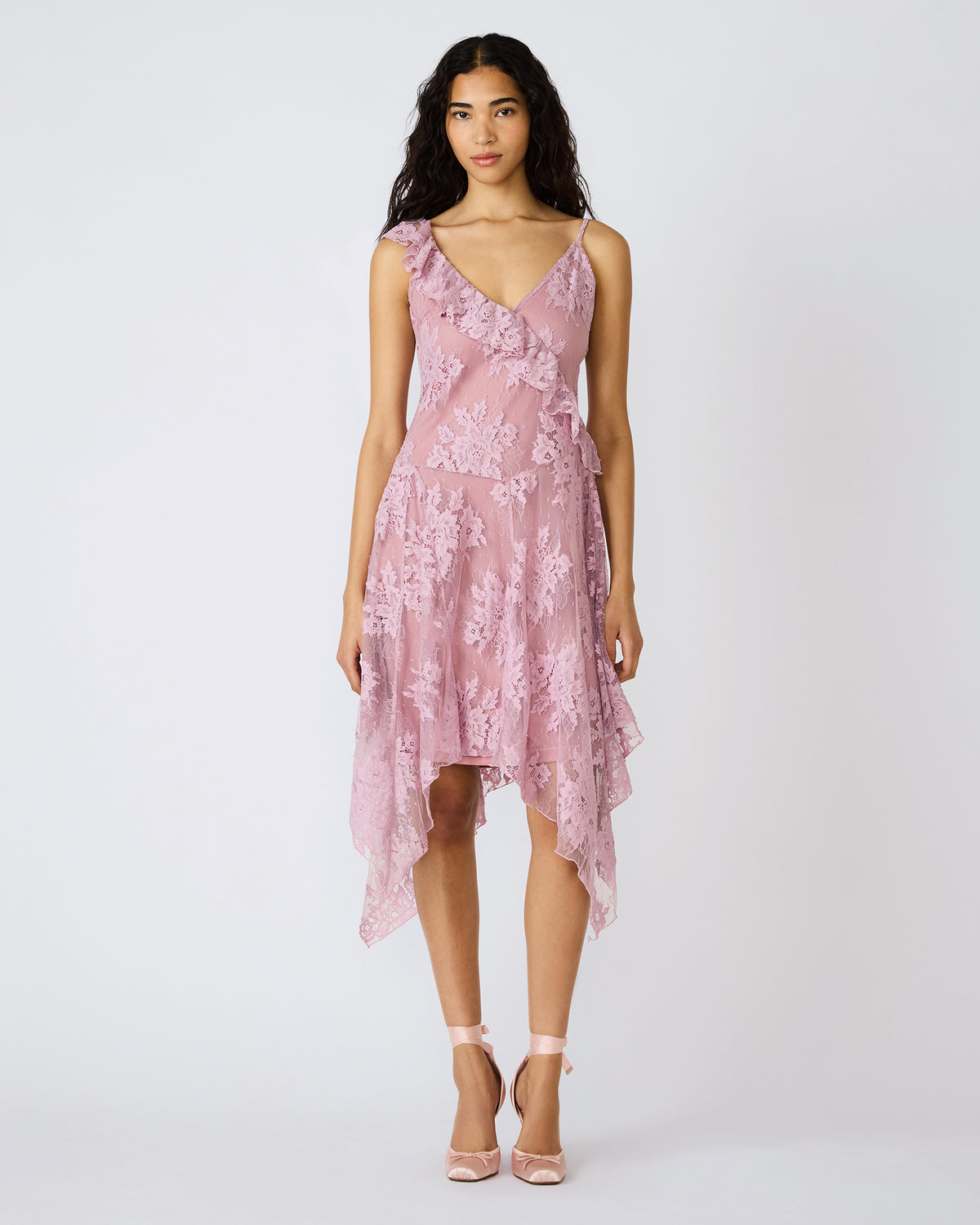 DARIELLA Mauve Shadows Sleeveless Asymmetrical Ruffle Lace Mesh Women's Midi Dress - Steve Madden