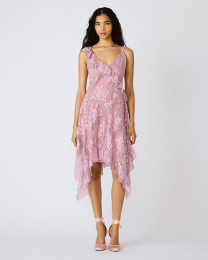 DARIELLA Mauve Shadows Sleeveless Asymmetrical Ruffle Lace Mesh Women's Midi Dress - Steve Madden