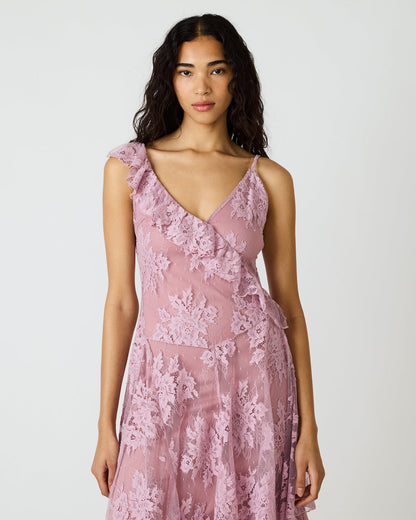 DARIELLA Mauve Shadows Sleeveless Asymmetrical Ruffle Lace Mesh Women's Midi Dress - Steve Madden