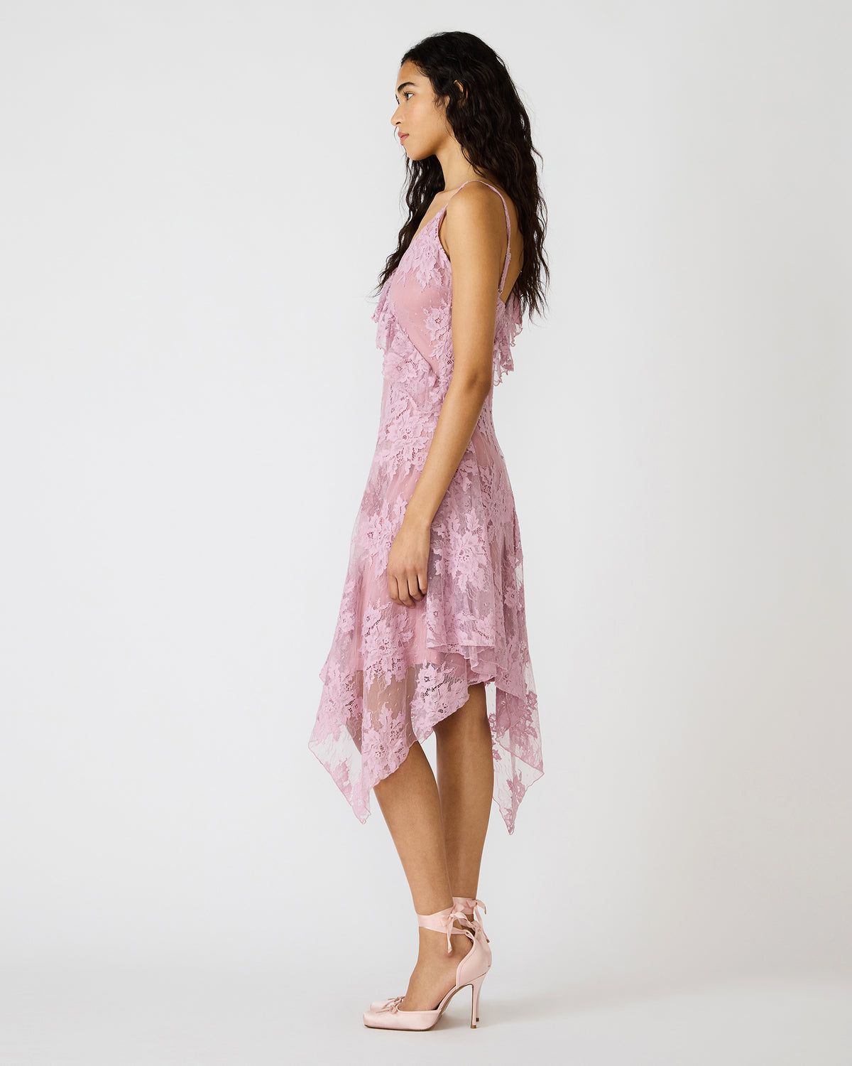 DARIELLA Mauve Shadows Sleeveless Asymmetrical Ruffle Lace Mesh Women's Midi Dress - Steve Madden