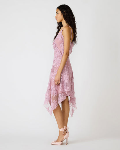 DARIELLA Mauve Shadows Sleeveless Asymmetrical Ruffle Lace Mesh Women's Midi Dress - Steve Madden