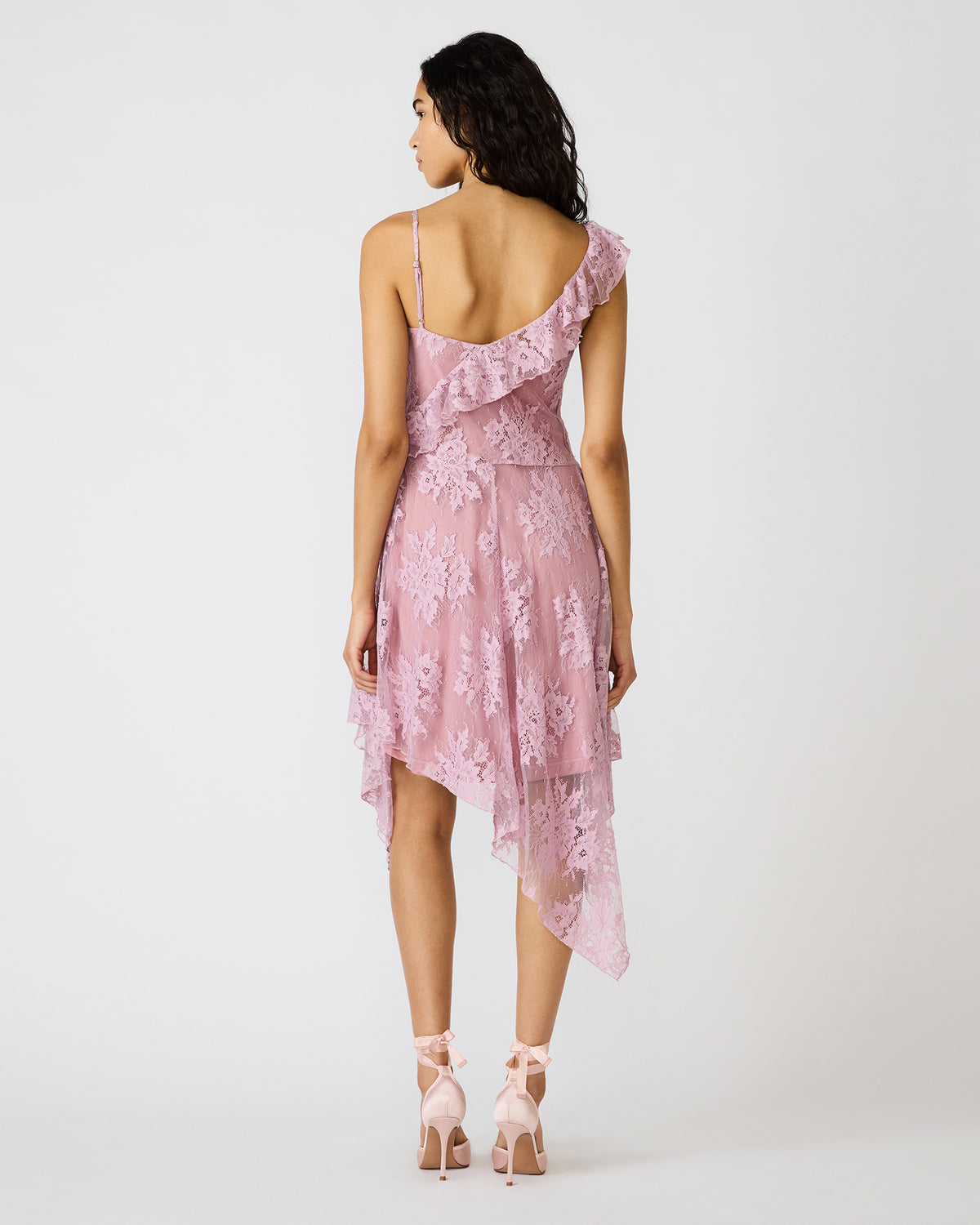 DARIELLA Mauve Shadows Sleeveless Asymmetrical Ruffle Lace Mesh Women's Midi Dress - Steve Madden