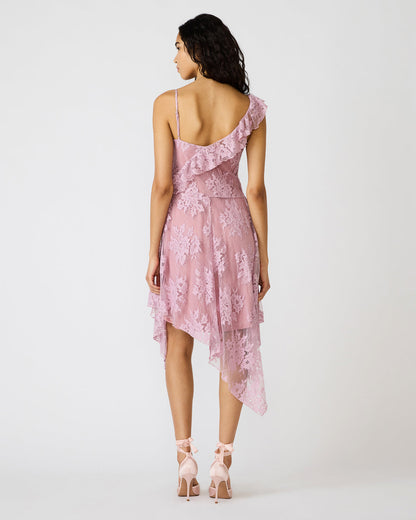 DARIELLA Mauve Shadows Sleeveless Asymmetrical Ruffle Lace Mesh Women's Midi Dress - Steve Madden