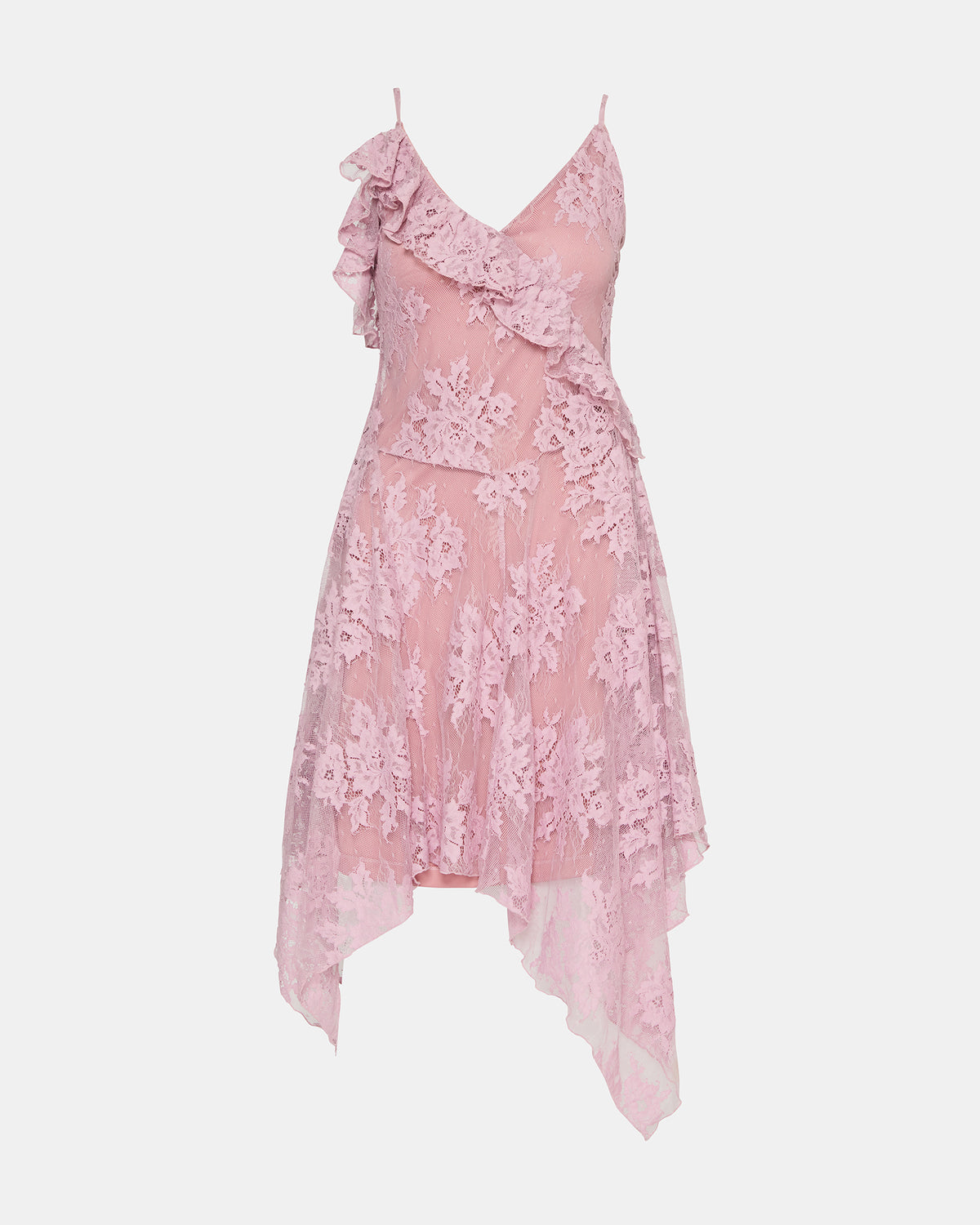 DARIELLA Mauve Shadows Sleeveless Asymmetrical Ruffle Lace Mesh Women's Midi Dress - Steve Madden