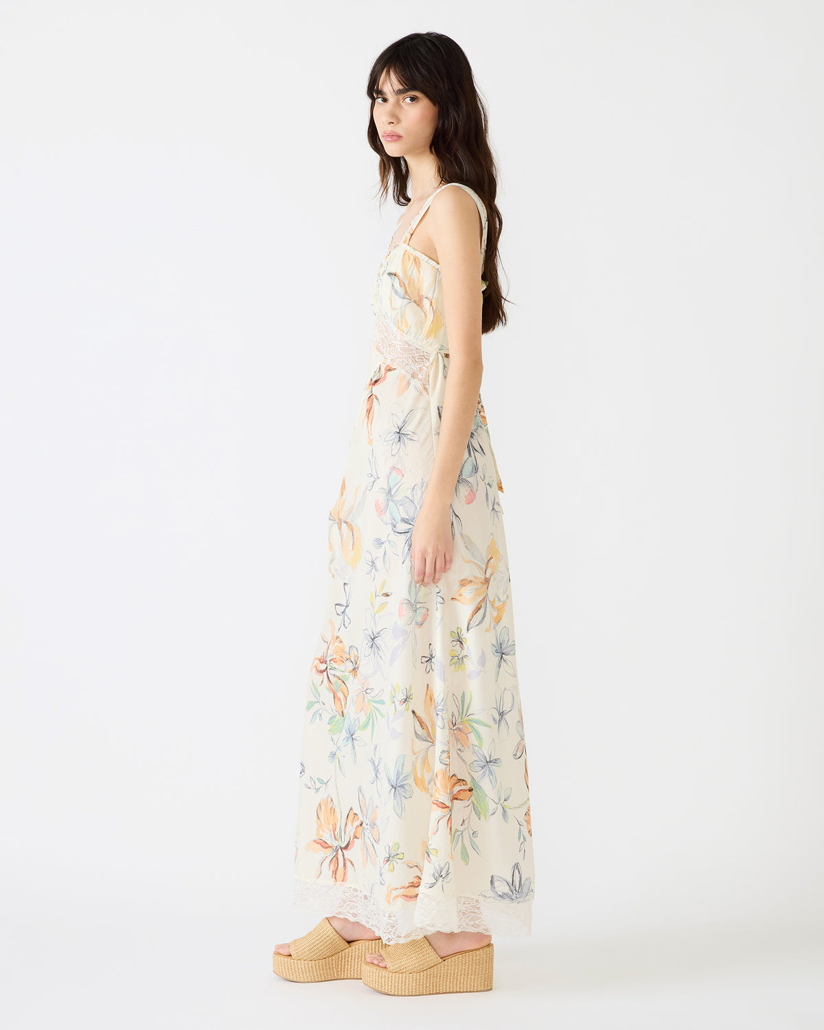 ALEXUS Vintage Ivory Flowy Lace Trim Flowy Women's Maxi Dress - Steve Madden
