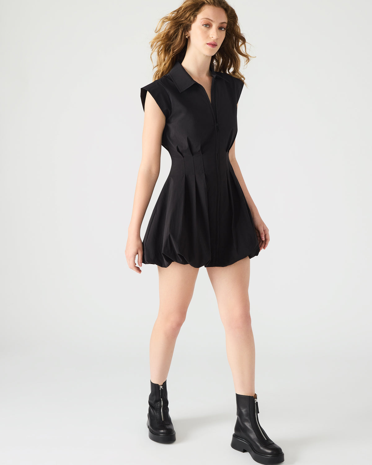 DYANNE Black Women's Zip-Front Bubble-Hem Dress - Steve Madden