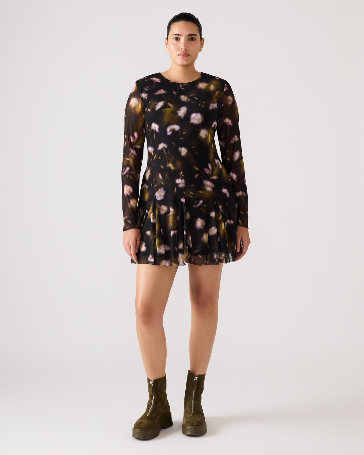BLISS Black Ditsy Floral Long-Sleeved Floral Print Mesh Sheer Mini Women's Dress - Steve Madden