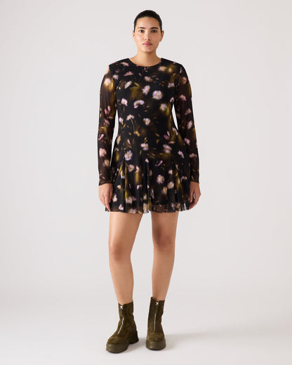BLISS Black Ditsy Floral Long-Sleeved Floral Print Mesh Sheer Mini Women's Dress - Steve Madden