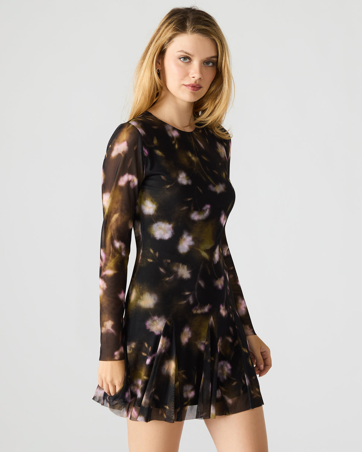 BLISS Black Ditsy Floral Long-Sleeved Floral Print Mesh Sheer Mini Women's Dress - Steve Madden