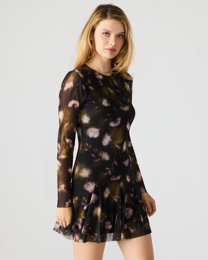 BLISS Black Ditsy Floral Long-Sleeved Floral Print Mesh Sheer Mini Women's Dress - Steve Madden