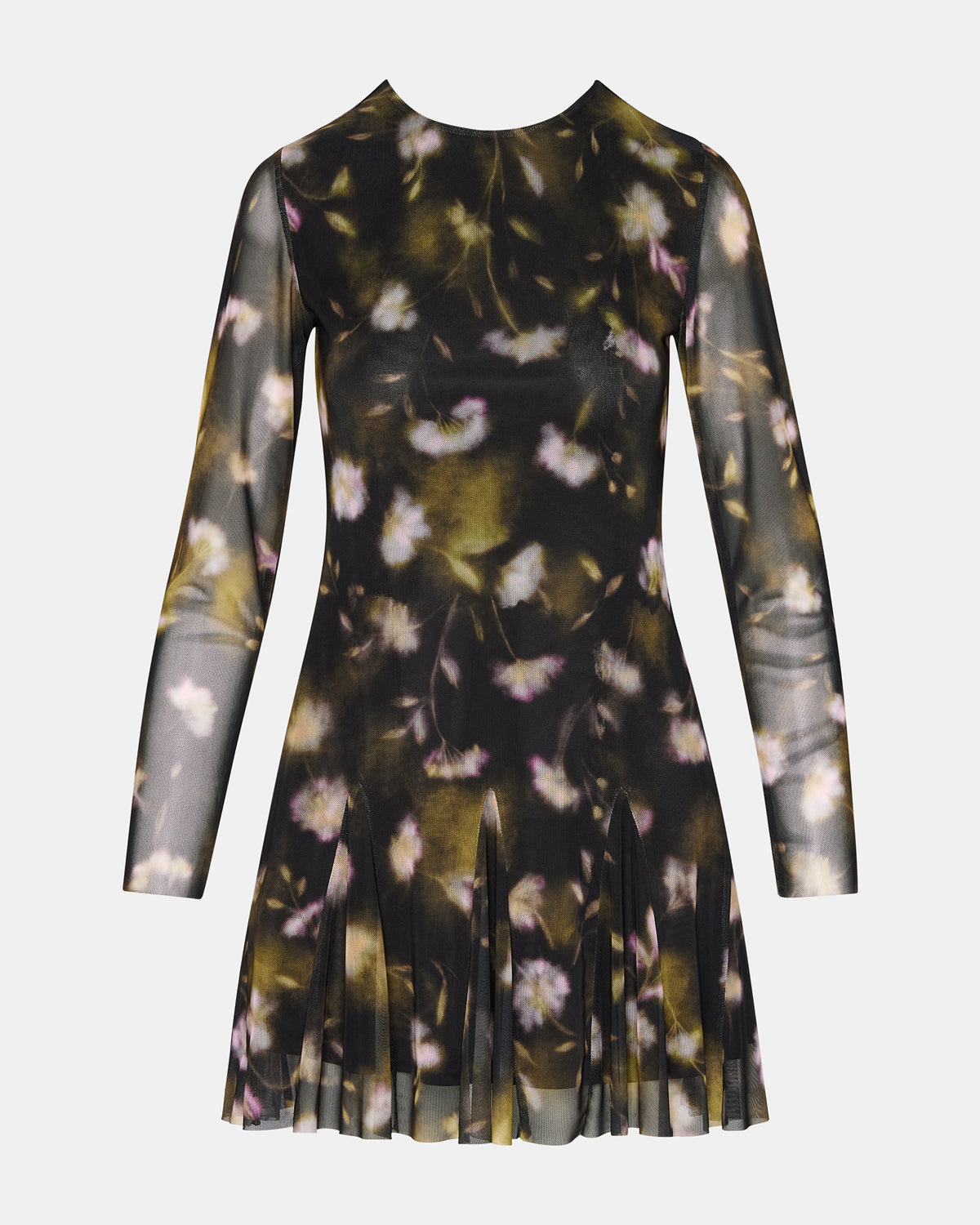 BLISS Black Ditsy Floral Long-Sleeved Floral Print Mesh Sheer Mini Women's Dress - Steve Madden