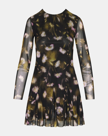 BLISS Black Ditsy Floral Long-Sleeved Floral Print Mesh Sheer Mini Women's Dress - Steve Madden