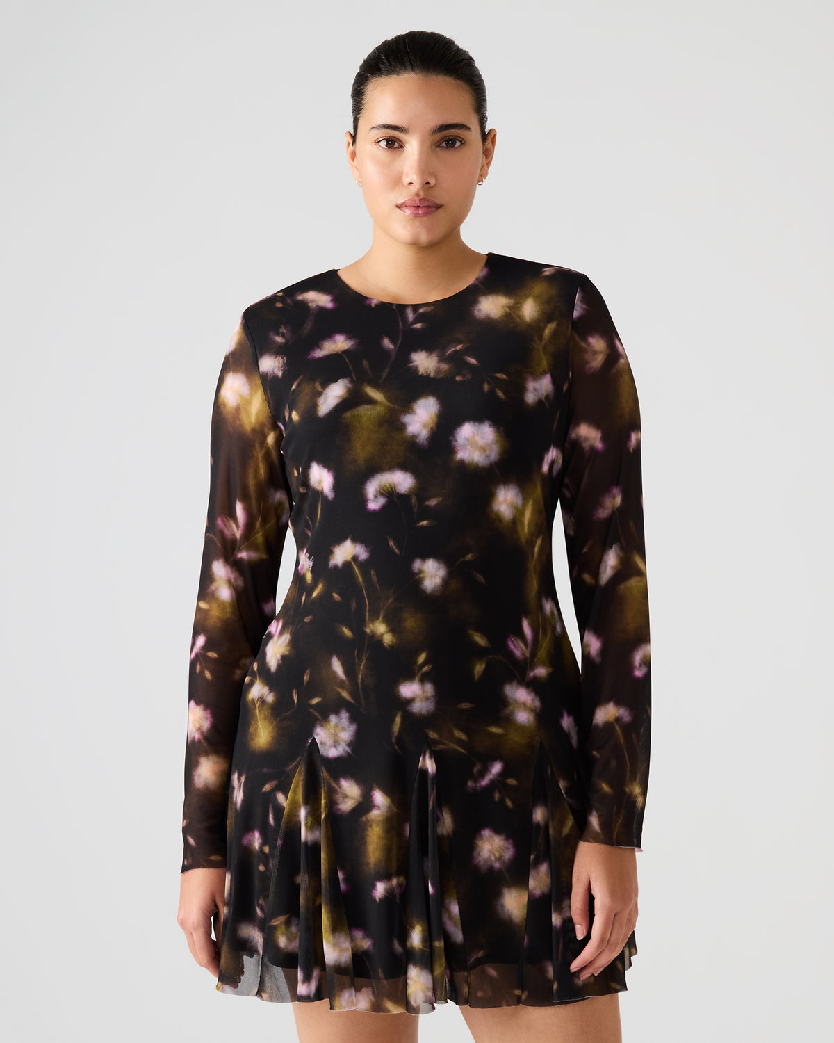 BLISS Black Ditsy Floral Long-Sleeved Floral Print Mesh Sheer Mini Women's Dress - Steve Madden