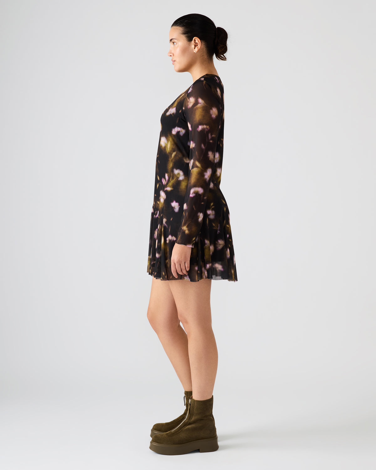 BLISS Black Ditsy Floral Long-Sleeved Floral Print Mesh Sheer Mini Women's Dress - Steve Madden