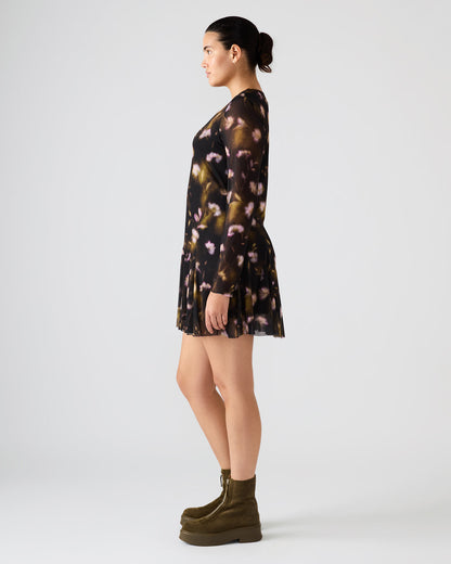 BLISS Black Ditsy Floral Long-Sleeved Floral Print Mesh Sheer Mini Women's Dress - Steve Madden