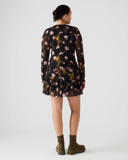 BLISS Black Ditsy Floral Long-Sleeved Floral Print Mesh Sheer Mini Women's Dress - Steve Madden