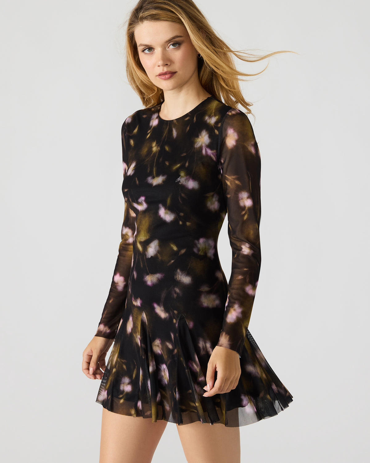 BLISS Black Ditsy Floral Long-Sleeved Floral Print Mesh Sheer Mini Women's Dress - Steve Madden