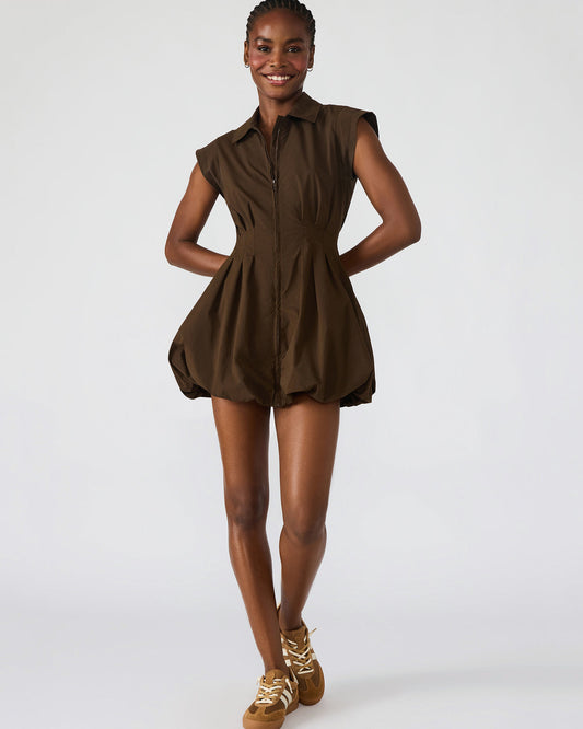 DYANNE Dark Espresso Women's Zip-Front Bubble-Hem Dress - Steve Madden