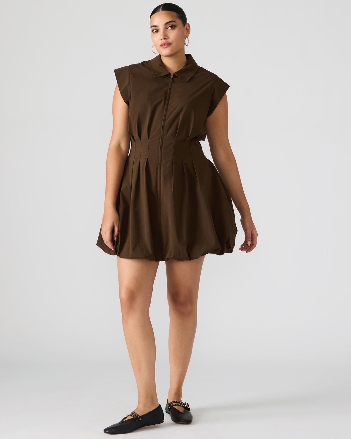 DYANNE Dark Espresso Women's Zip-Front Bubble-Hem Dress - Steve Madden