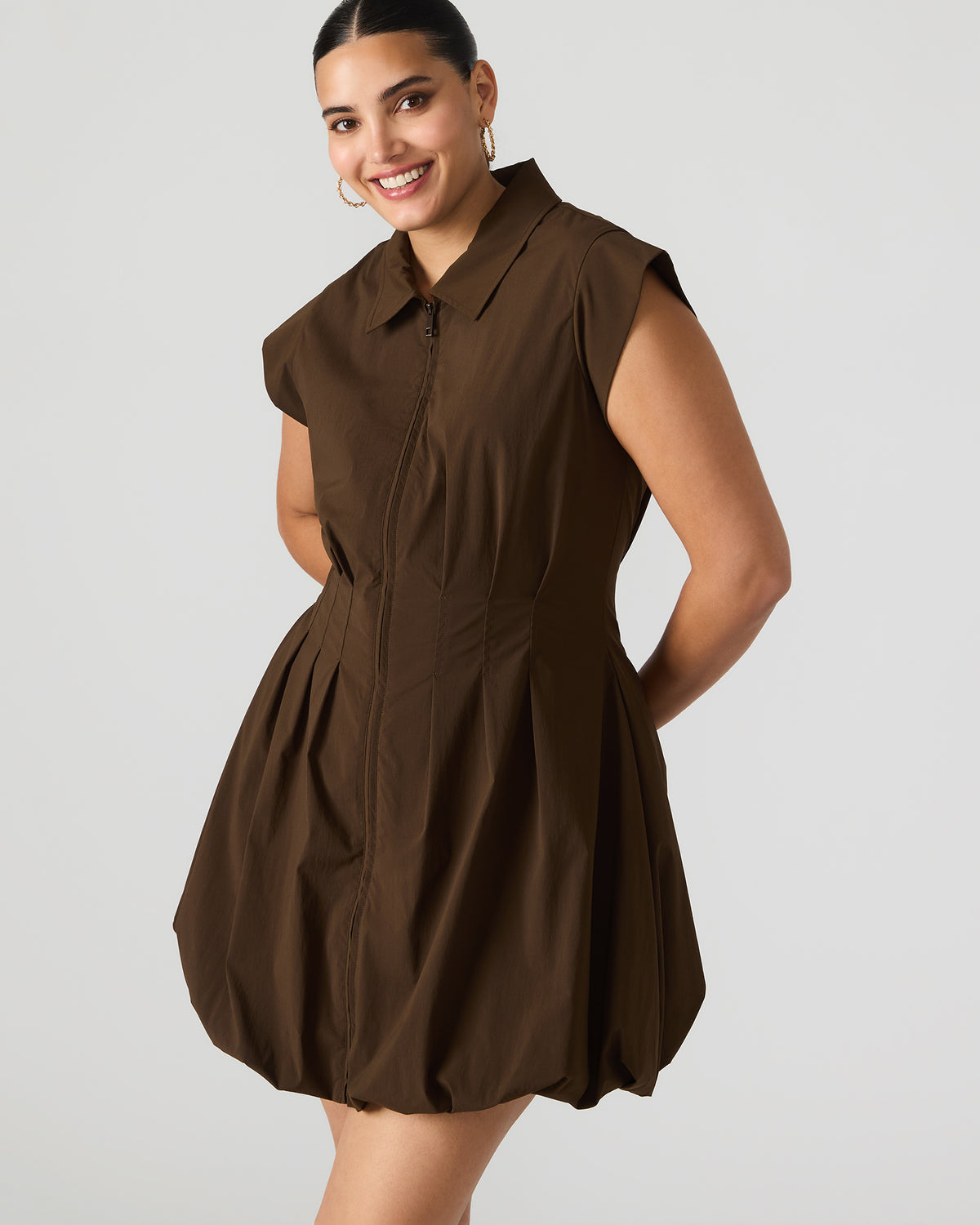DYANNE Dark Espresso Women's Zip-Front Bubble-Hem Dress - Steve Madden