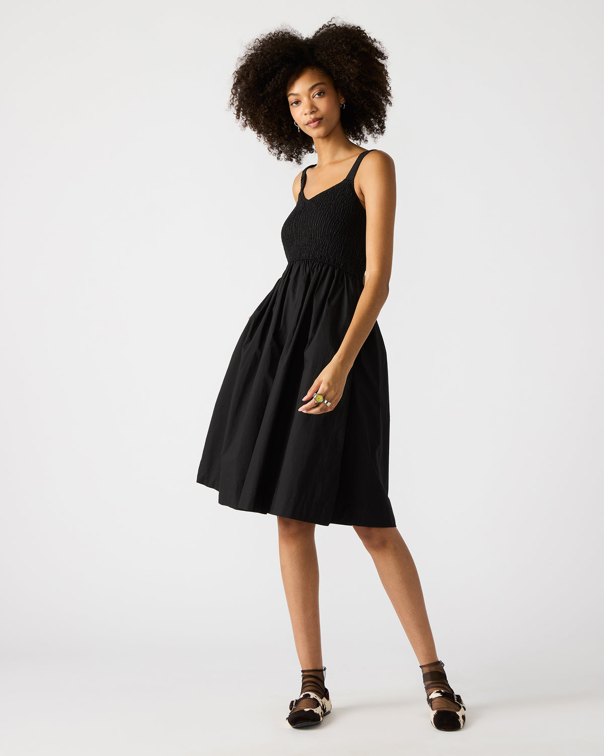 FLEUR Black Flowy Smocked Midi Women's Dress - Steve Madden