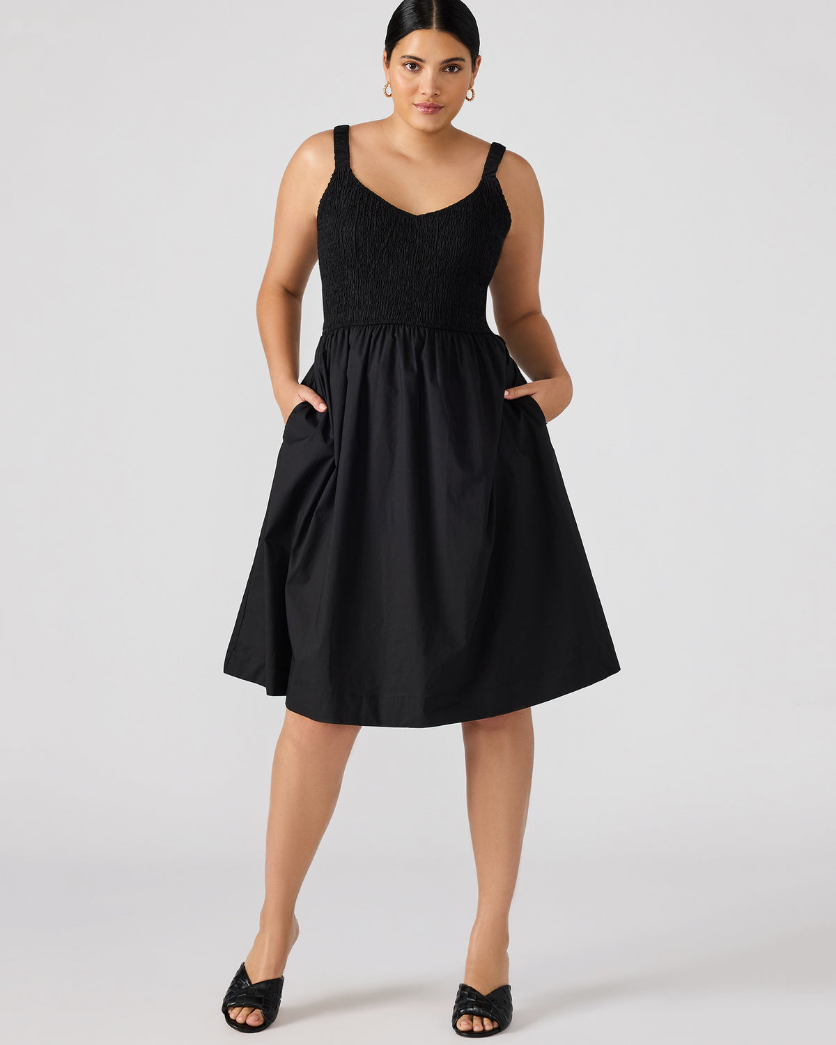 FLEUR Black Flowy Smocked Midi Women's Dress - Steve Madden