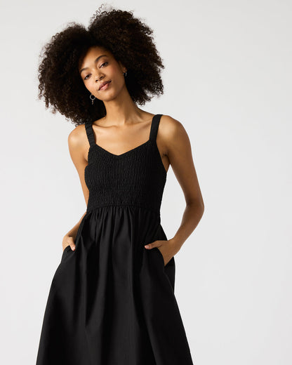 FLEUR Black Flowy Smocked Midi Women's Dress - Steve Madden