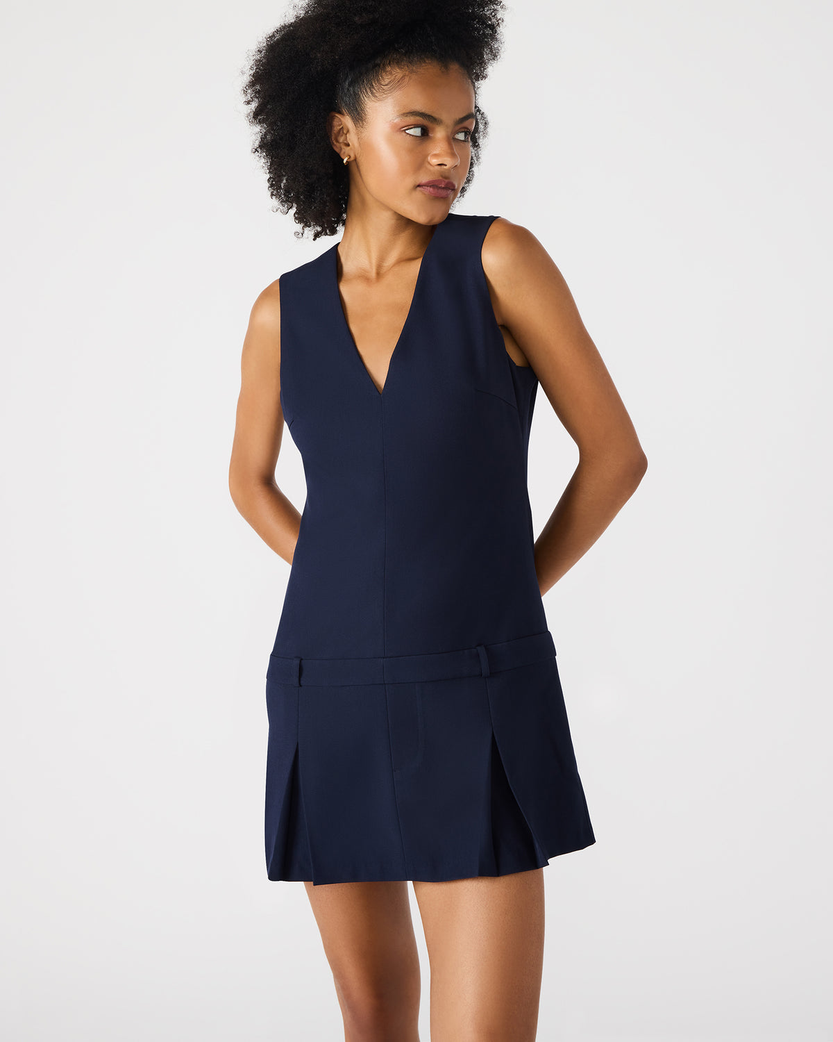HENLEY Midnight Sleeveless V-neck Mini Pleated Women's Dress - Steve Madden