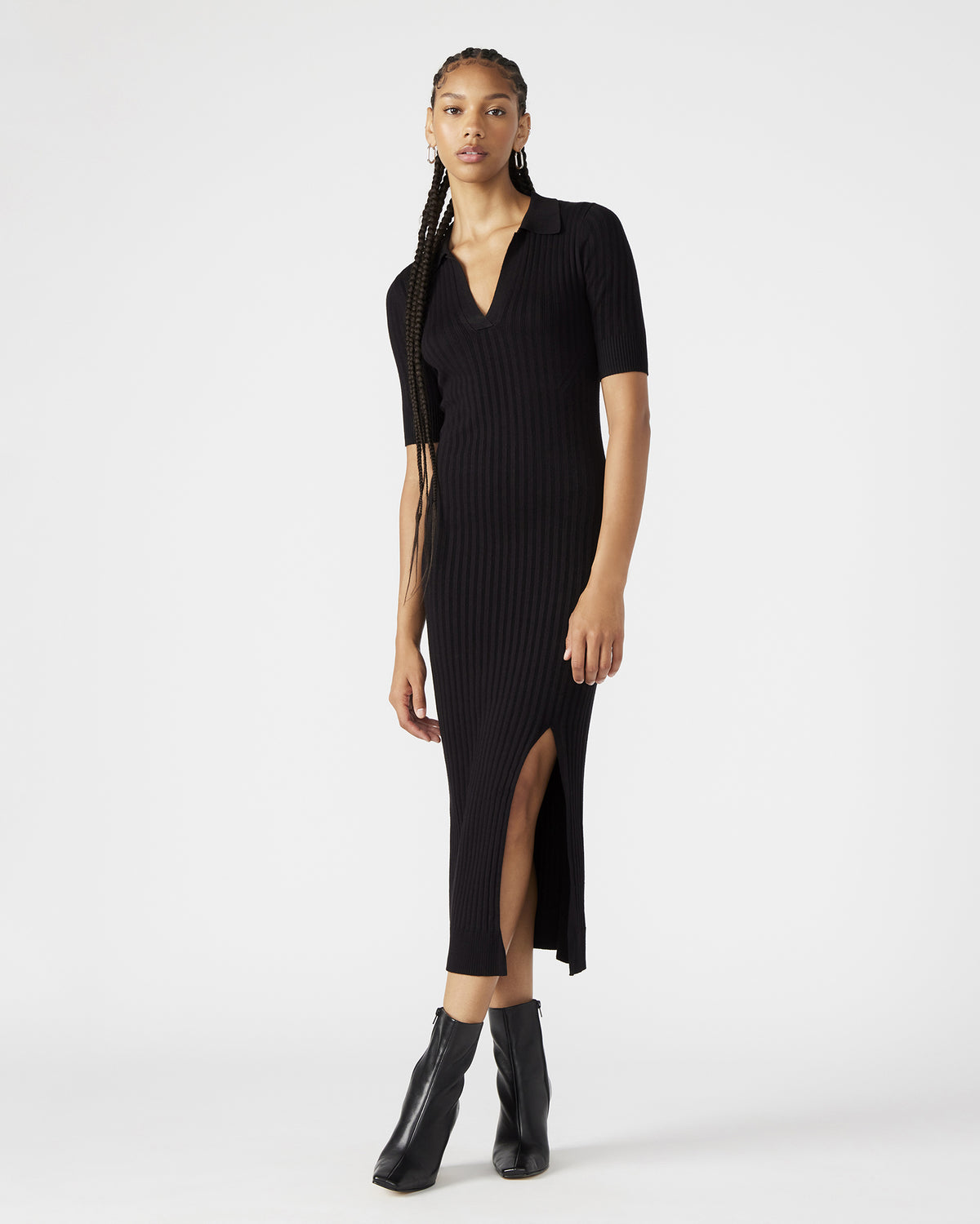 LINDY Dress Black | Collared Midi Dress - Steve Madden