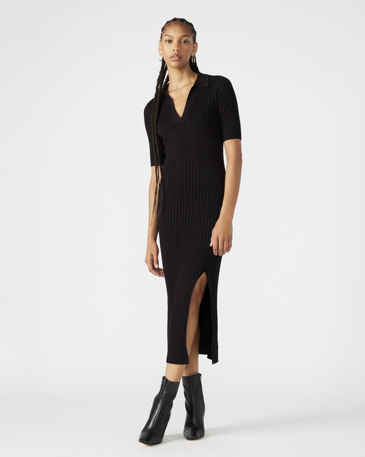 LINDY Dress Black | Collared Midi Dress - Steve Madden