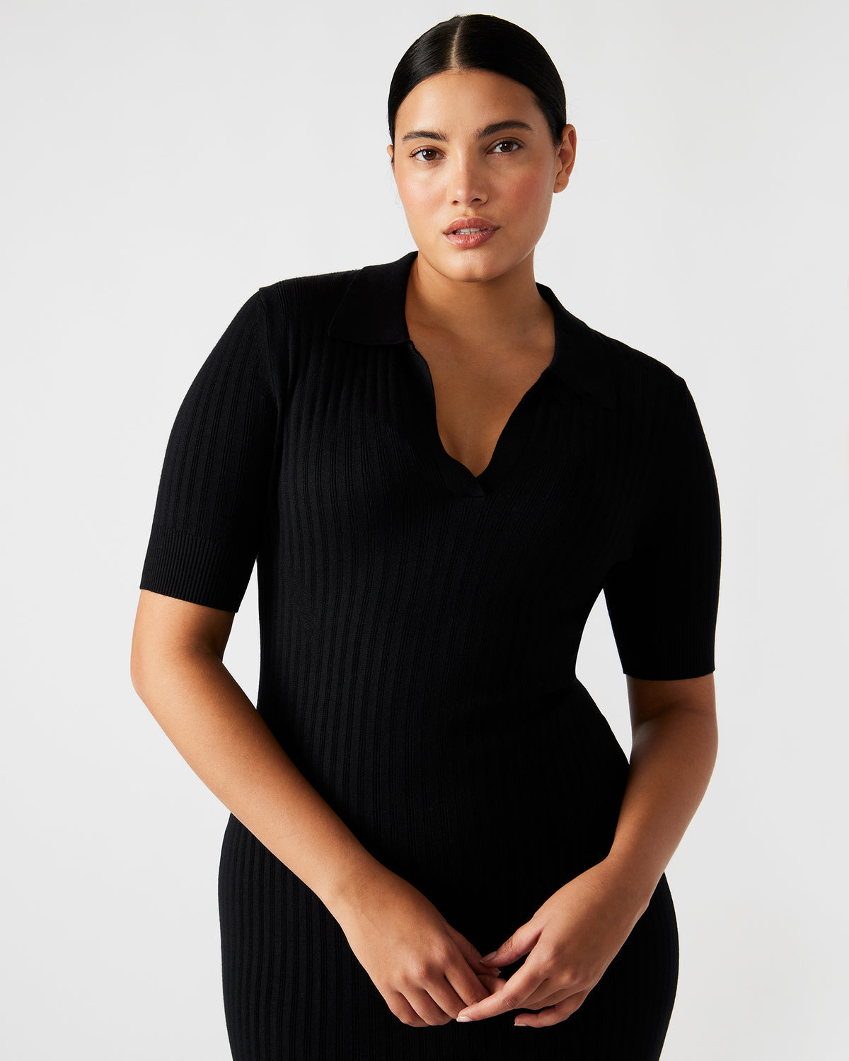 LINDY Dress Black | Collared Midi Dress - Steve Madden