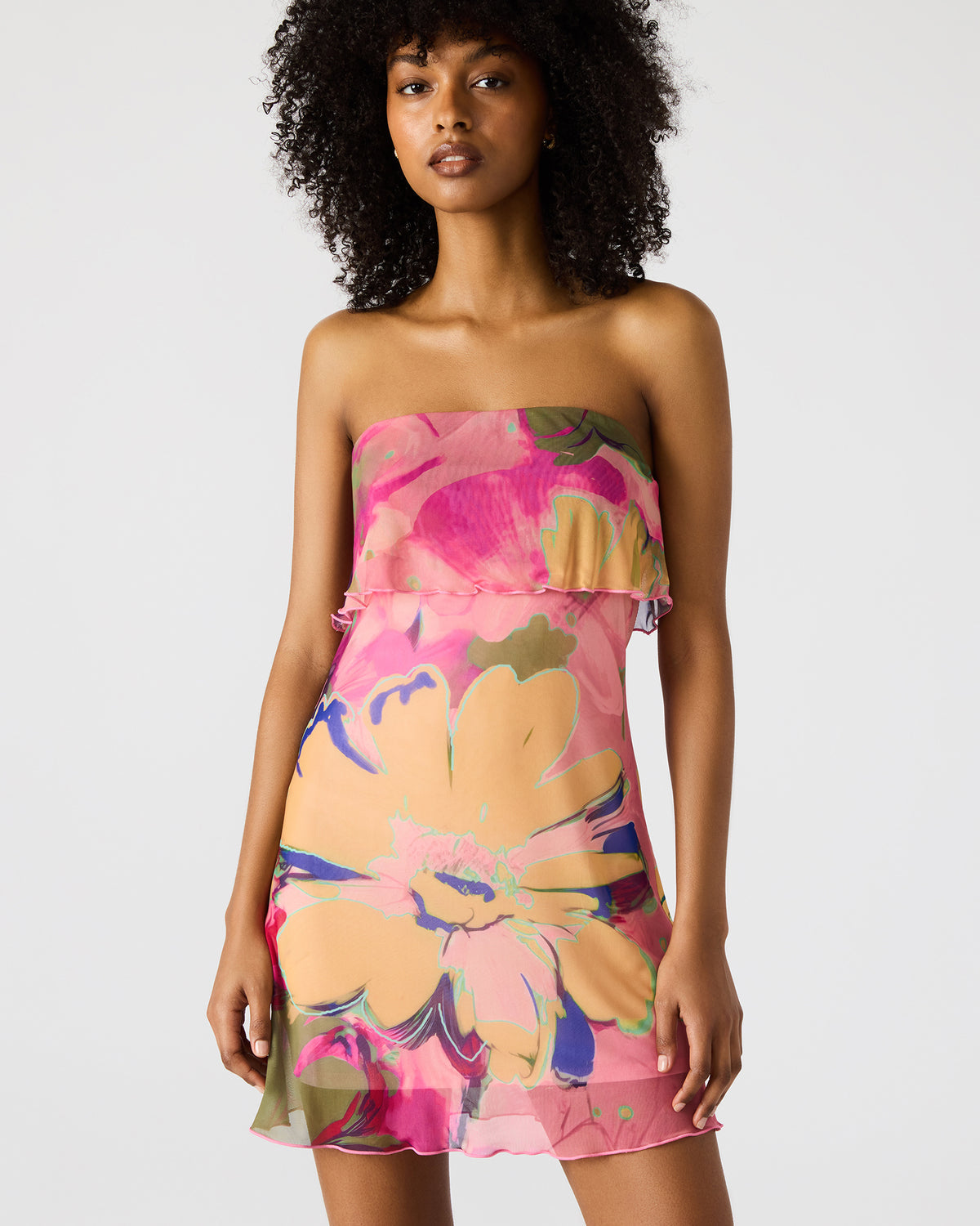 BRYAR Multi Strapless Flowy Mesh Overlay Floral Print Mini Women's Dress - Steve Madden