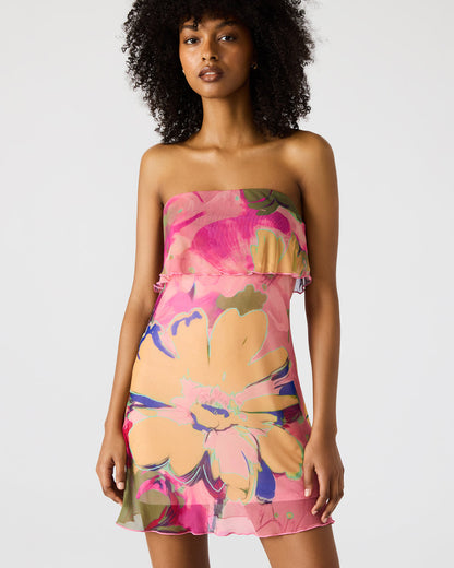 BRYAR Multi Strapless Flowy Mesh Overlay Floral Print Mini Women's Dress - Steve Madden