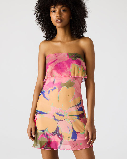 BRYAR Multi Strapless Flowy Mesh Overlay Floral Print Mini Women's Dress - Steve Madden