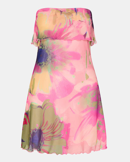 BRYAR Multi Strapless Flowy Mesh Overlay Floral Print Mini Women's Dress - Steve Madden