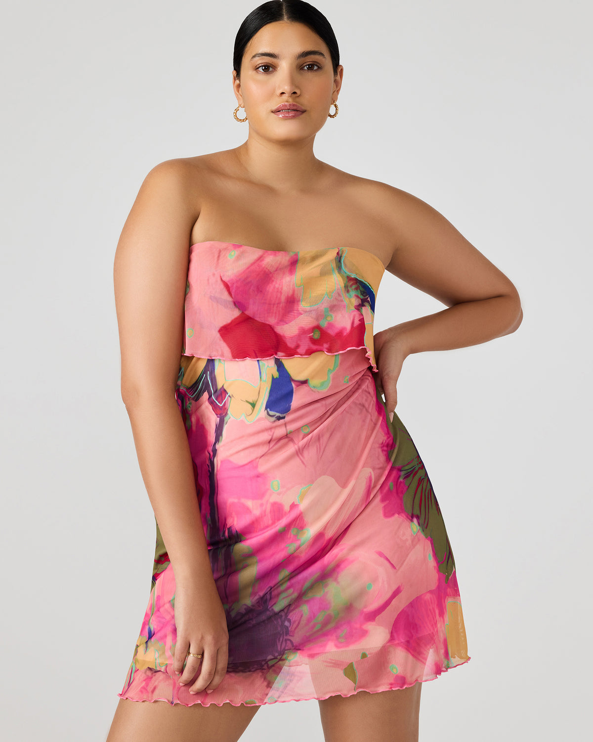 BRYAR Multi Strapless Flowy Mesh Overlay Floral Print Mini Women's Dress - Steve Madden