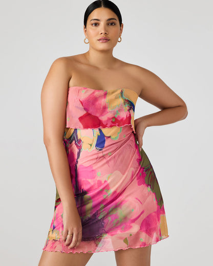 BRYAR Multi Strapless Flowy Mesh Overlay Floral Print Mini Women's Dress - Steve Madden