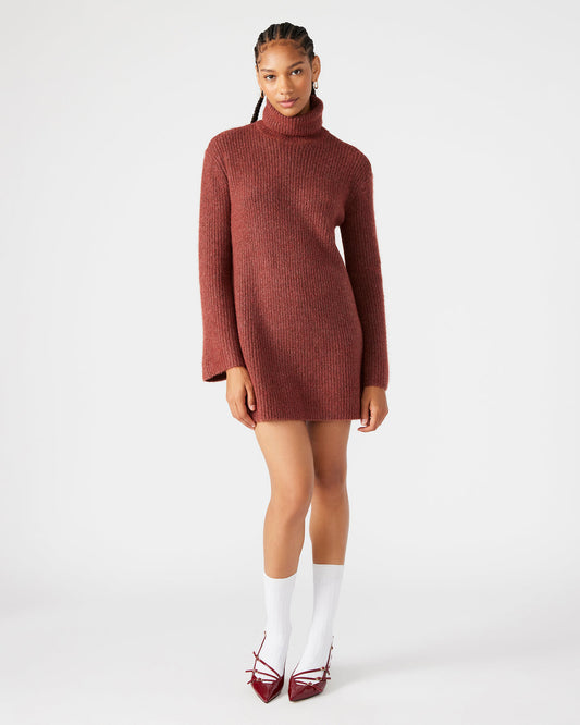 ABBIE Sweater Dress Rust | Mini Turtleneck Flared Sleeve Dress - Steve Madden